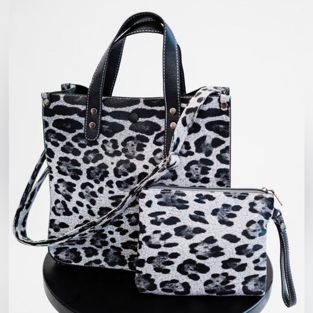 Grey Cheetah Print Top Handle Crossbody with Clutch